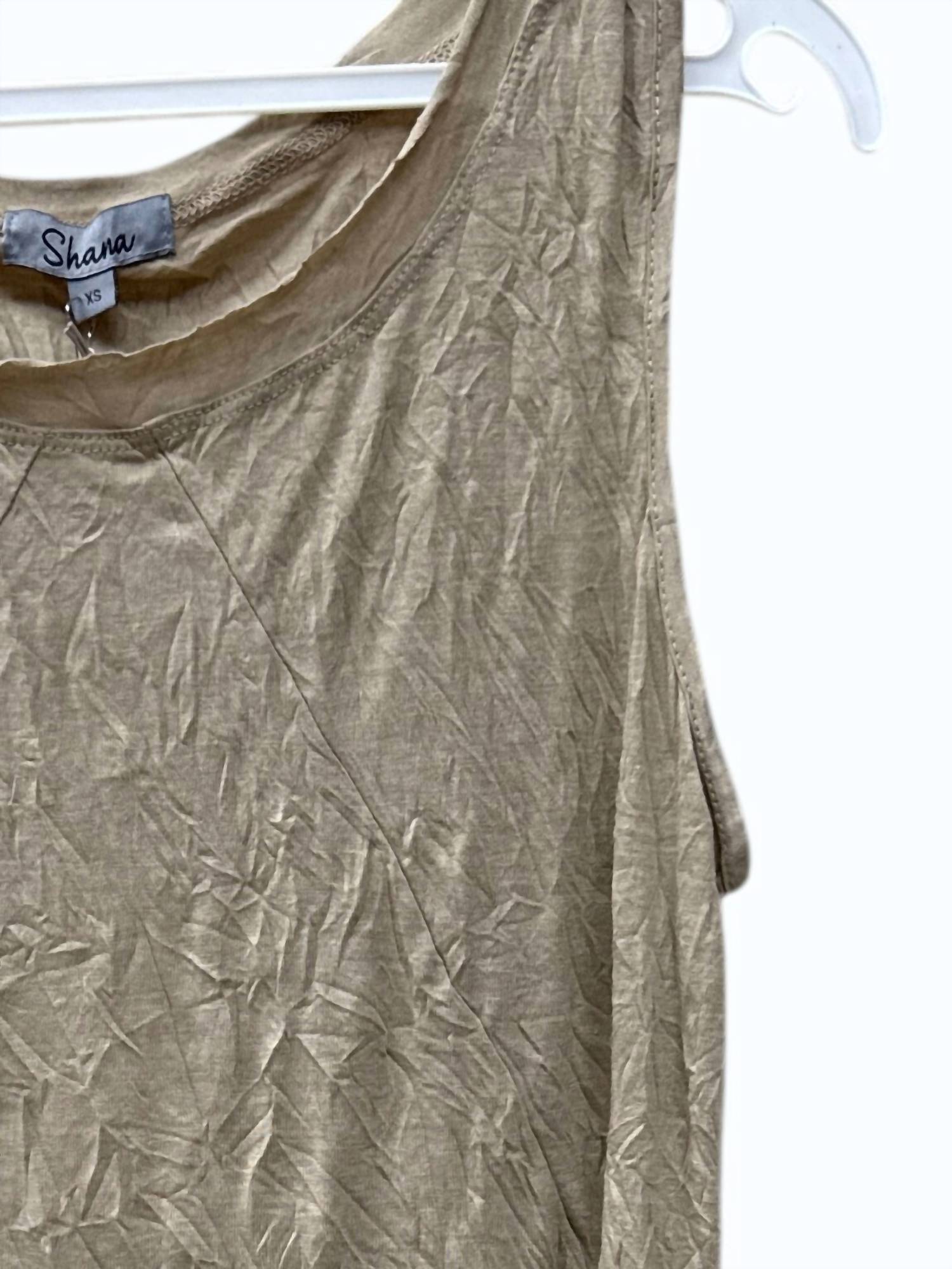 Shana Apparel Women's Crinkle Shell Top in khaki - women's tank top - detail view