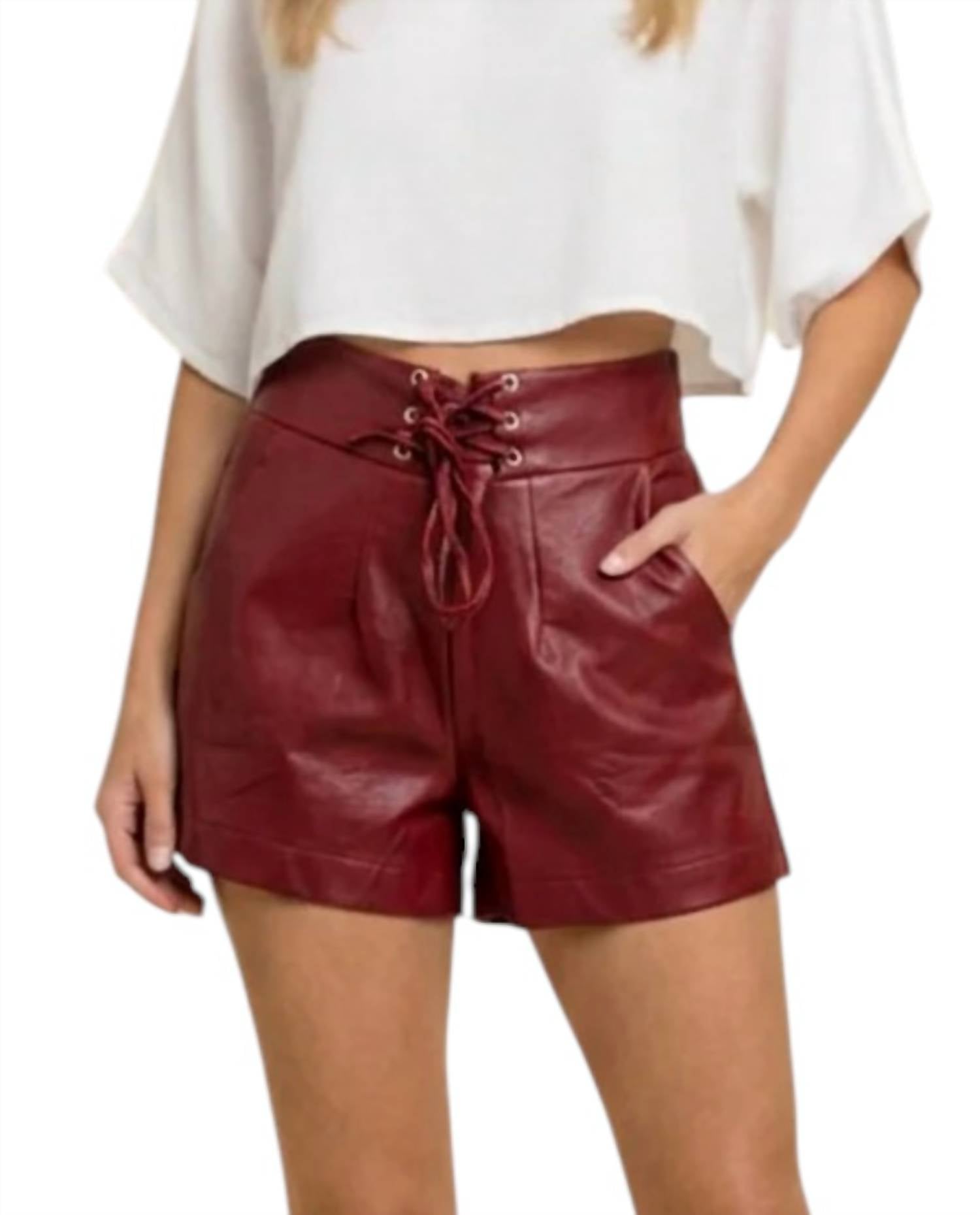 umgee Lace-Up Faux Leather Shorts in red - women's shorts - detail view