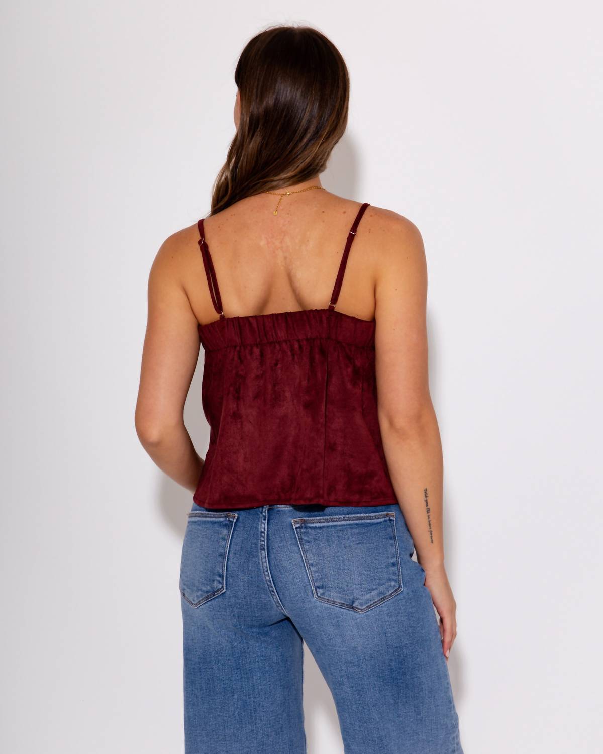 THML Pleated Luxe Tank Top in wine - women's tank top - detail view