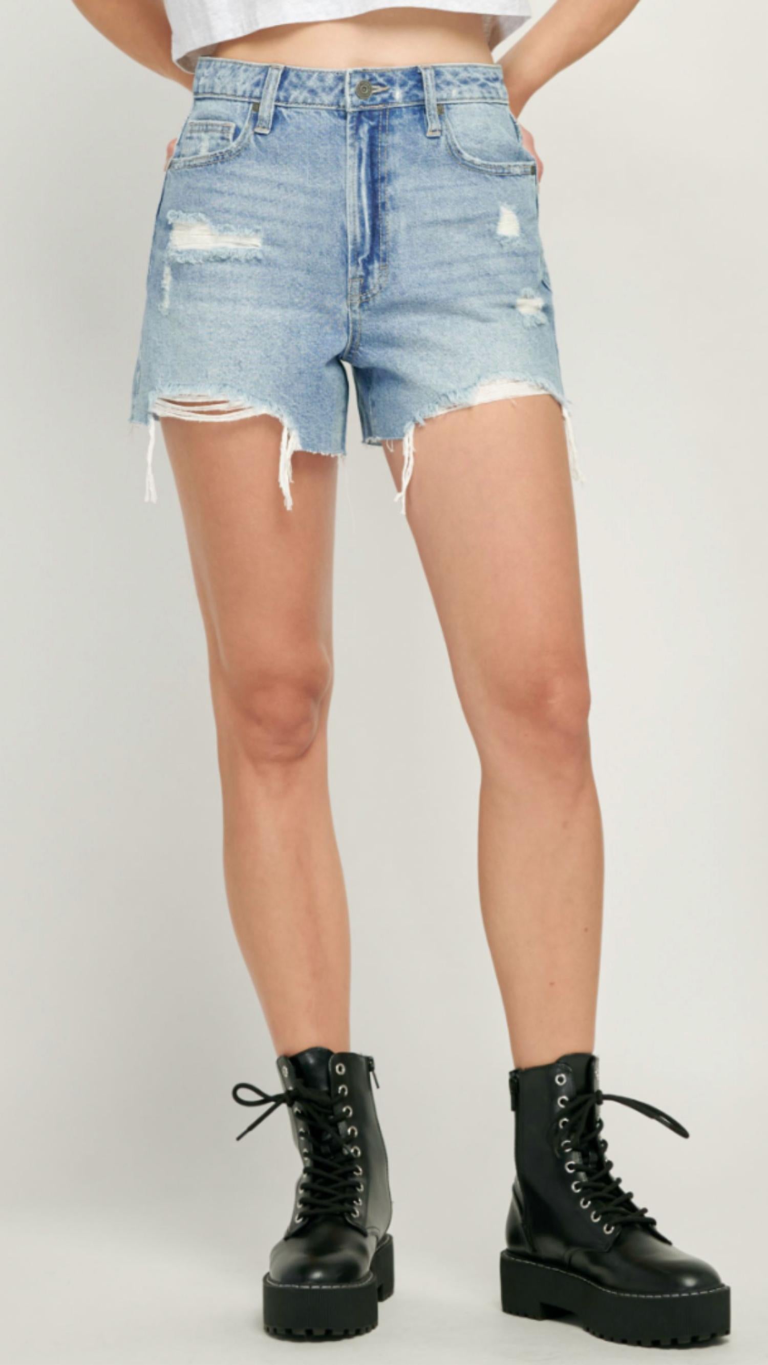 Hidden - High Rise Distressed Mom Shorts