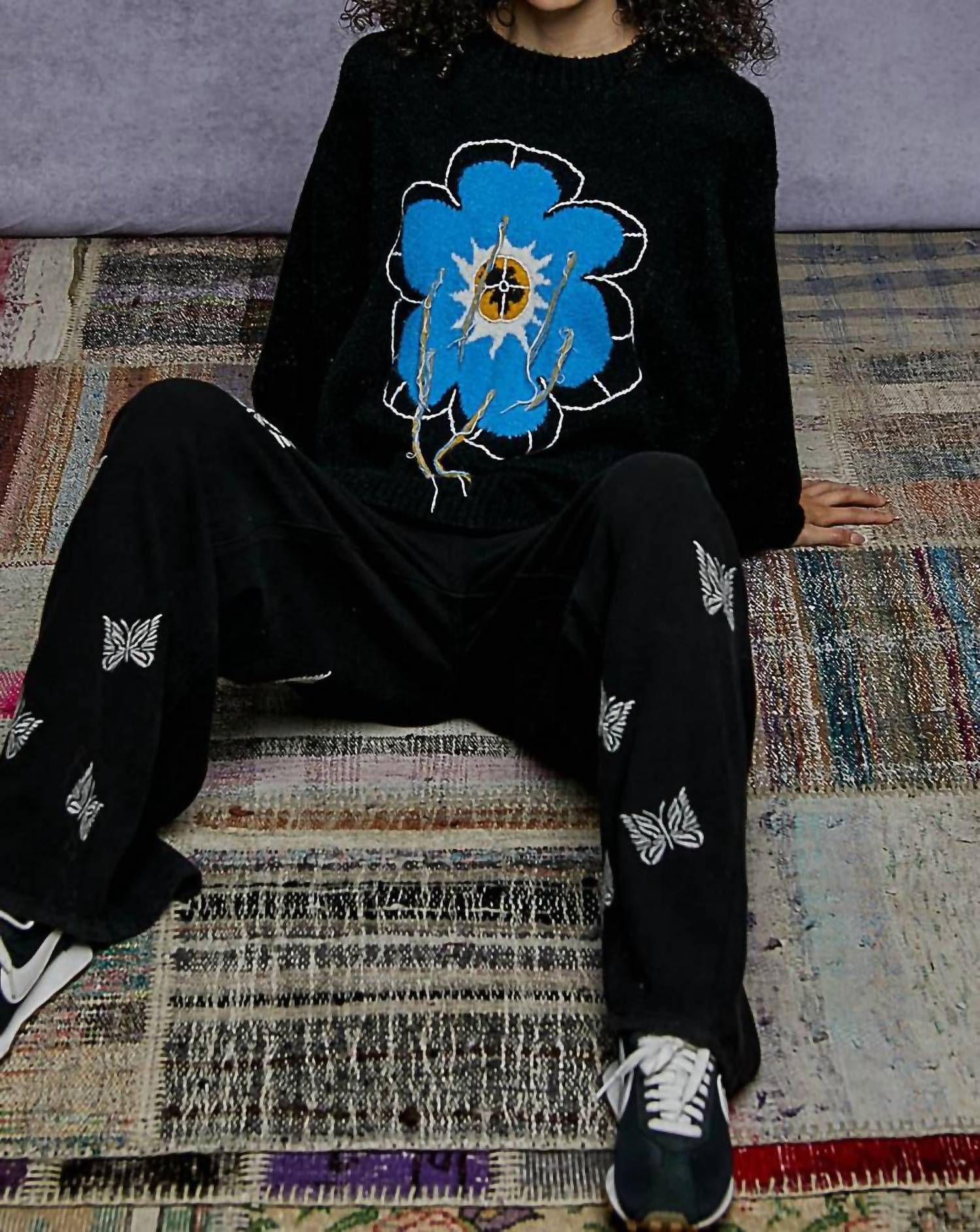Pol - Contrast Floral Fringe Detail Sweater