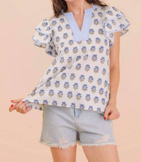 Very J - Ruffle Sleeve Printed Woven Blouse Top