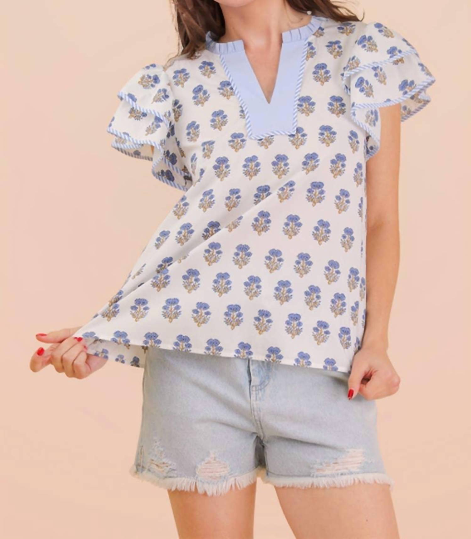 Very J - Ruffle Sleeve Printed Woven Blouse Top