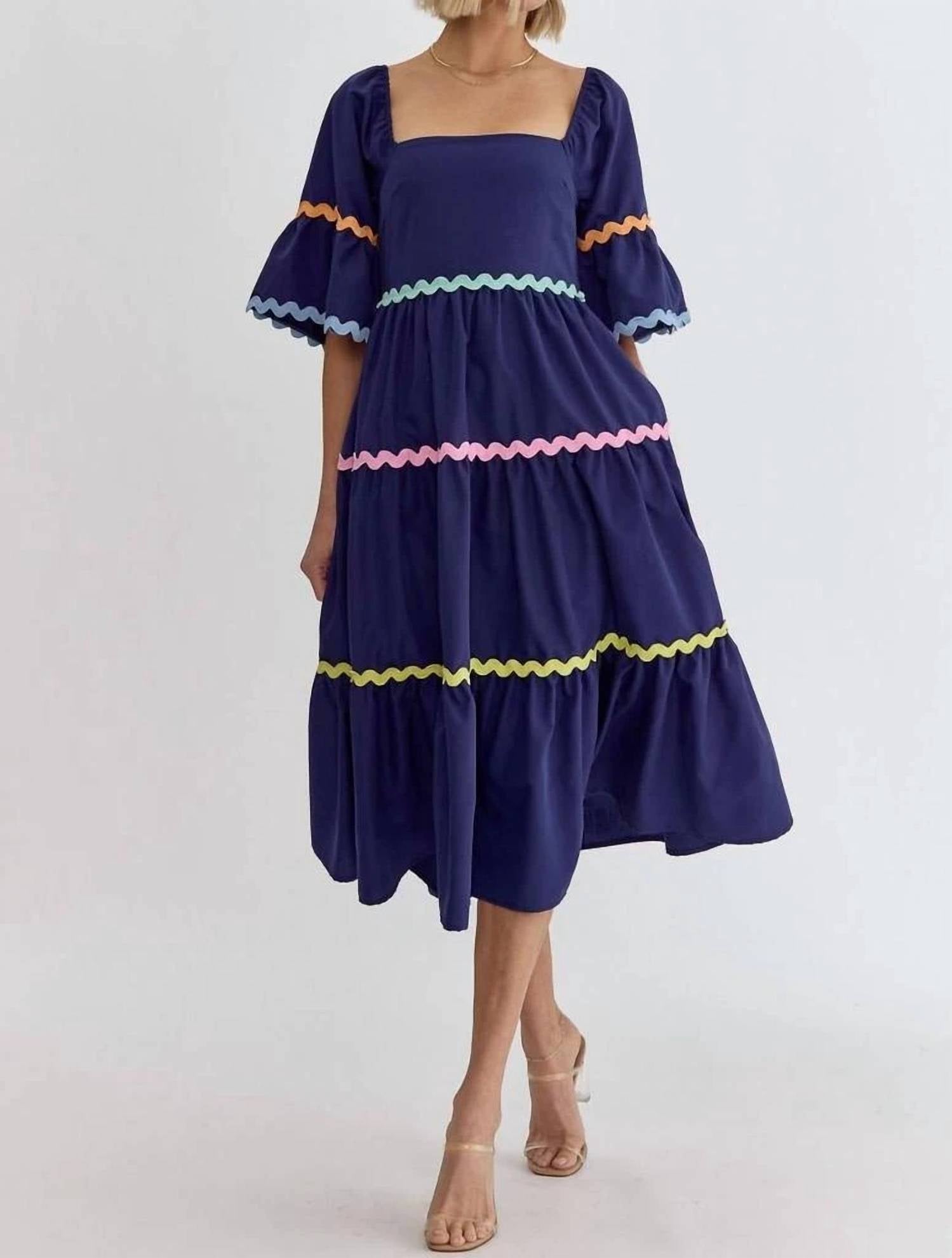 entro Multi-color Ric Rac Trim Maxi Dress in navy - women's dress