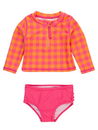 Rufflebutts - Girls' Gingham Long Sleeve Zipper Rash Guard Two-piece Swimsuit
