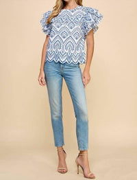 Tcec - Embroidered Eyelet Ruffle Sleeves Top