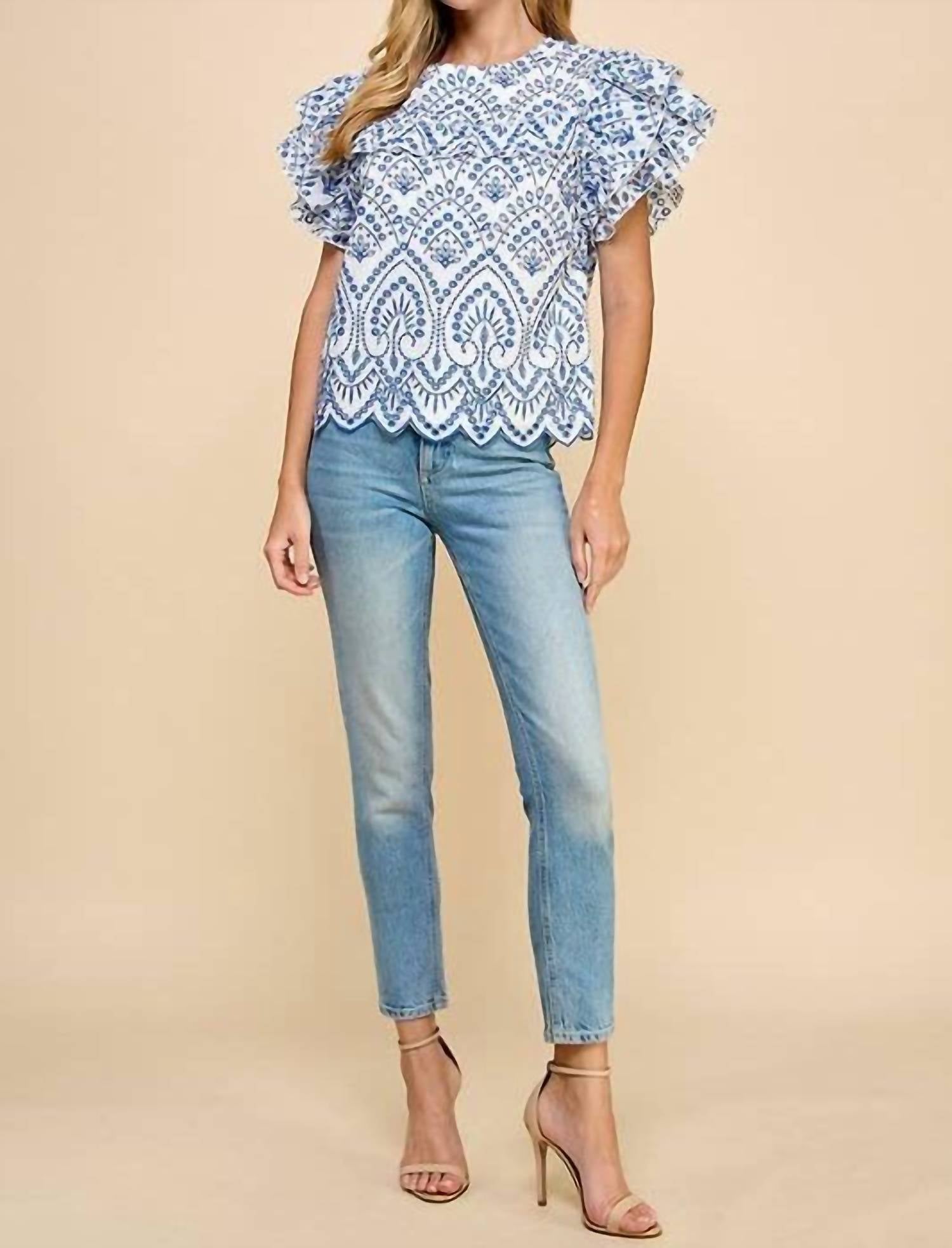 Tcec - Embroidered Eyelet Ruffle Sleeves Top