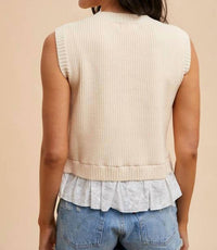 Anniewear - Mix Media Embroidery Layered Rib Sweater Top