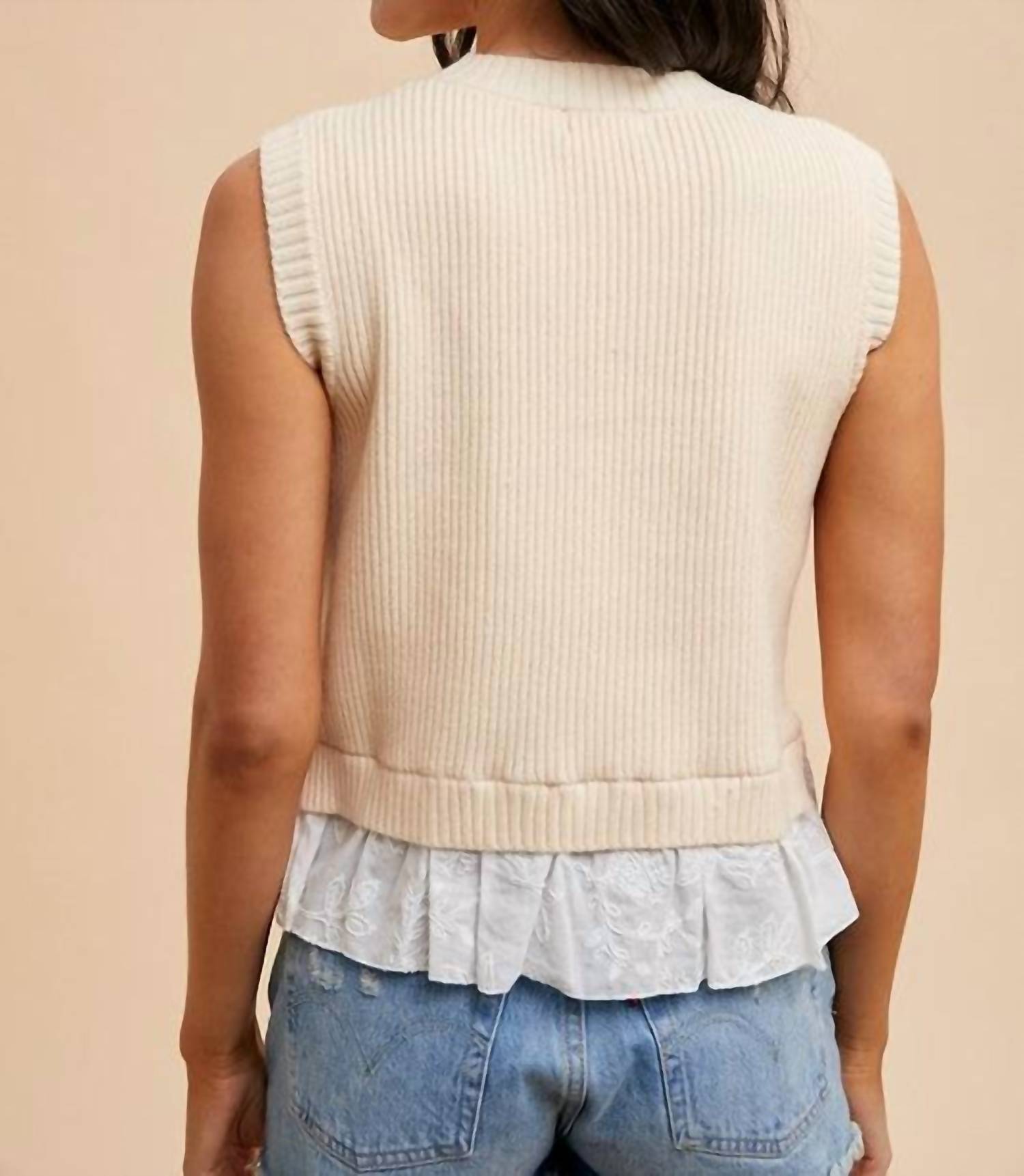 Anniewear - Mix Media Embroidery Layered Rib Sweater Top