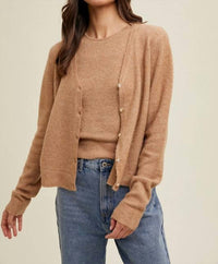 WISHLIST Brushed Off Cardigan & Tank Set in toast hoc autumn - women's cardigan - detail view