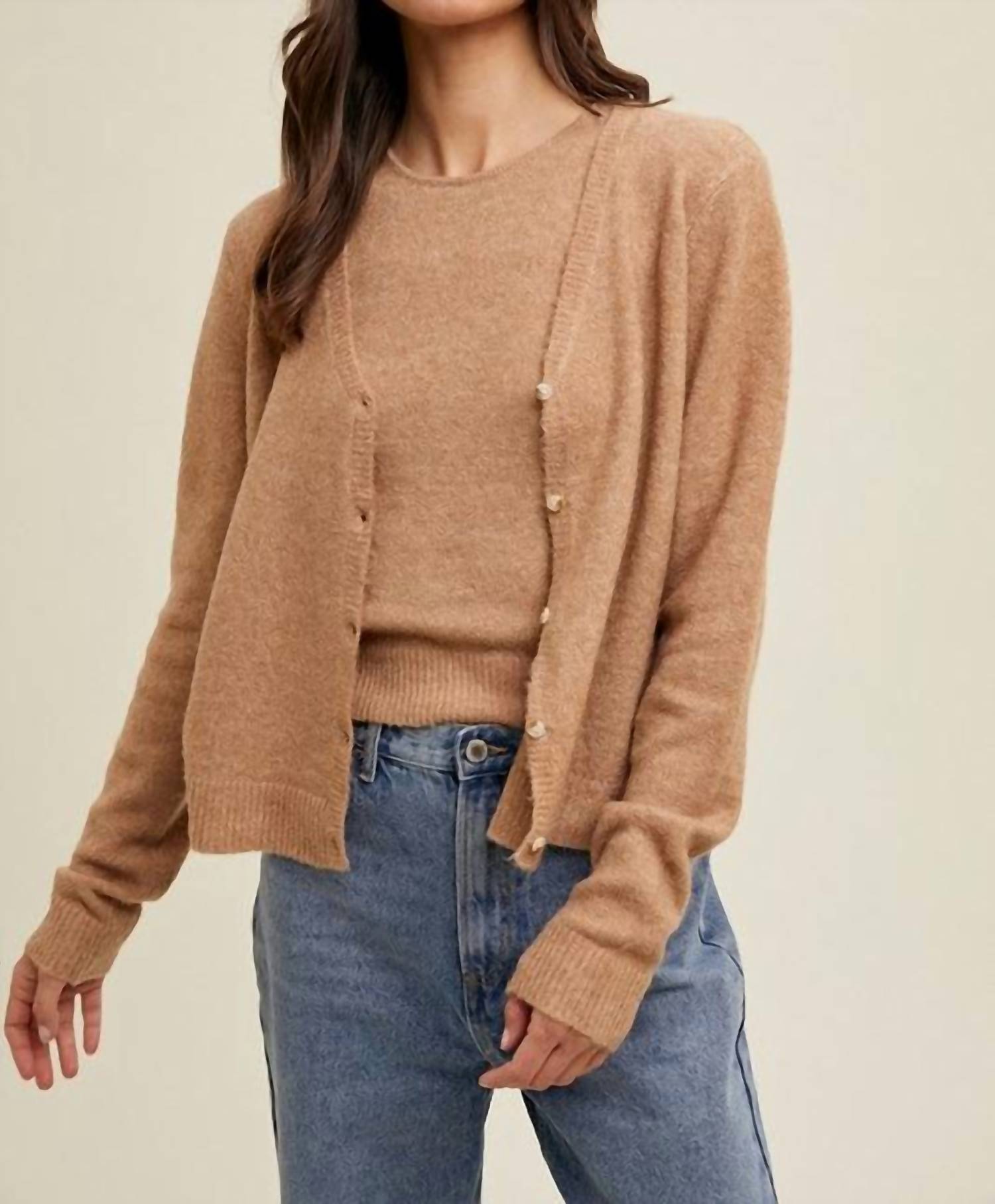 WISHLIST Brushed Off Cardigan & Tank Set in toast hoc autumn - women's cardigan - detail view