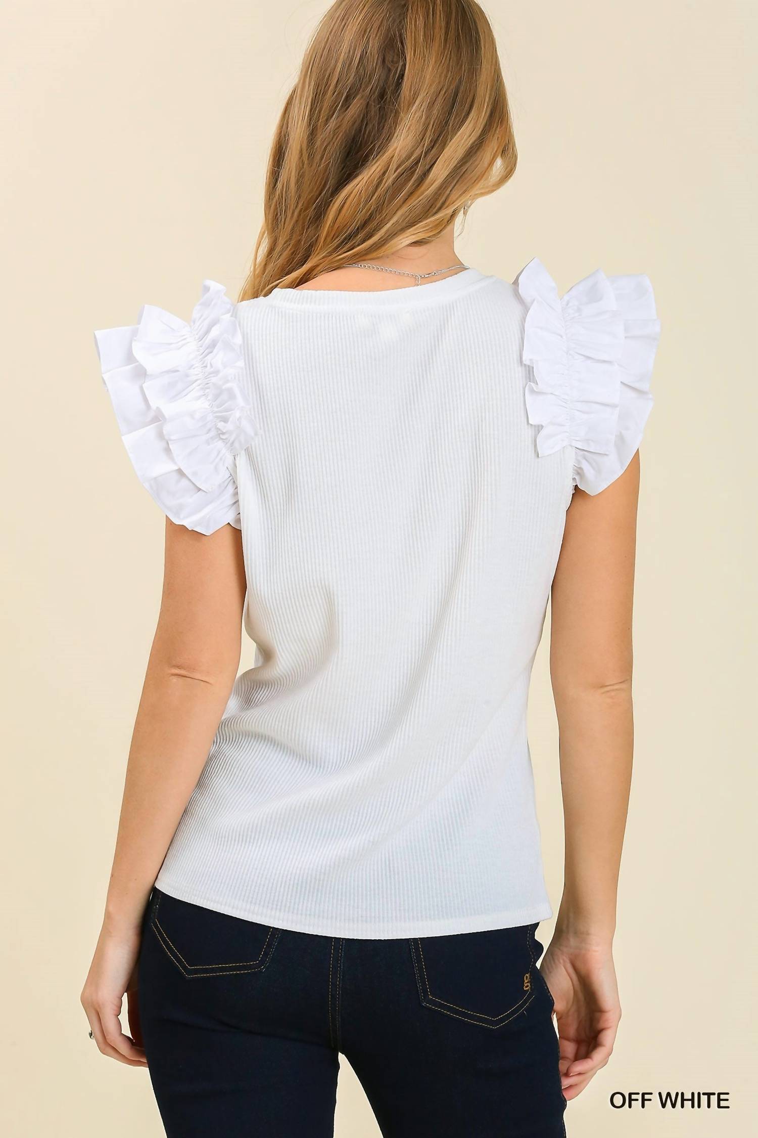 Umgee - Ruffle Sleeve Ribbed Knit Top