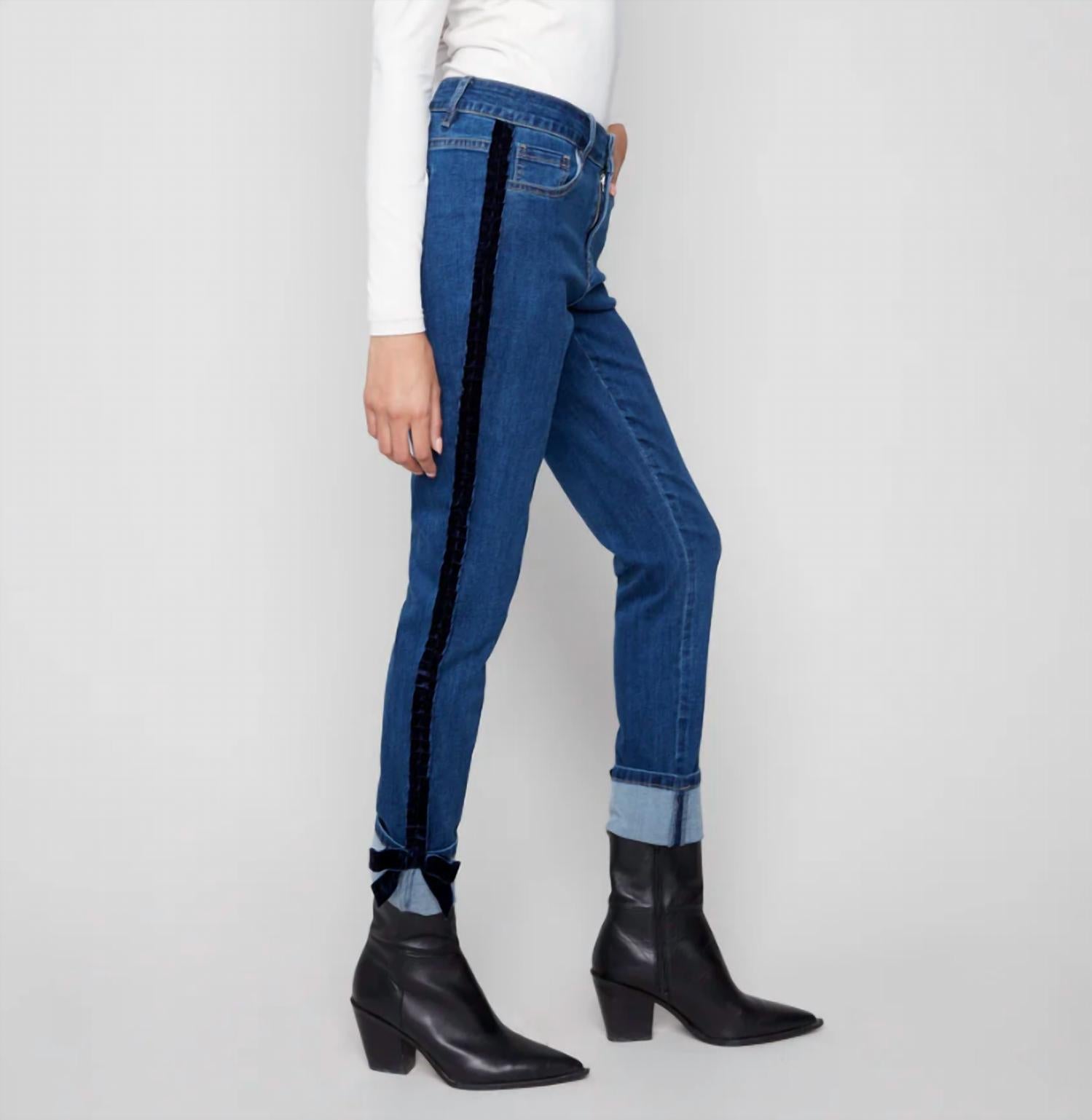 CHARLIE B Slim Leg Jeans With Velvet Bow in indigo - women's jeans - detail view