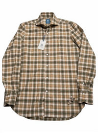 Finamore Men's Napoli Llong Sleeve Button Down Shirt in brown green plaid - men's shirt