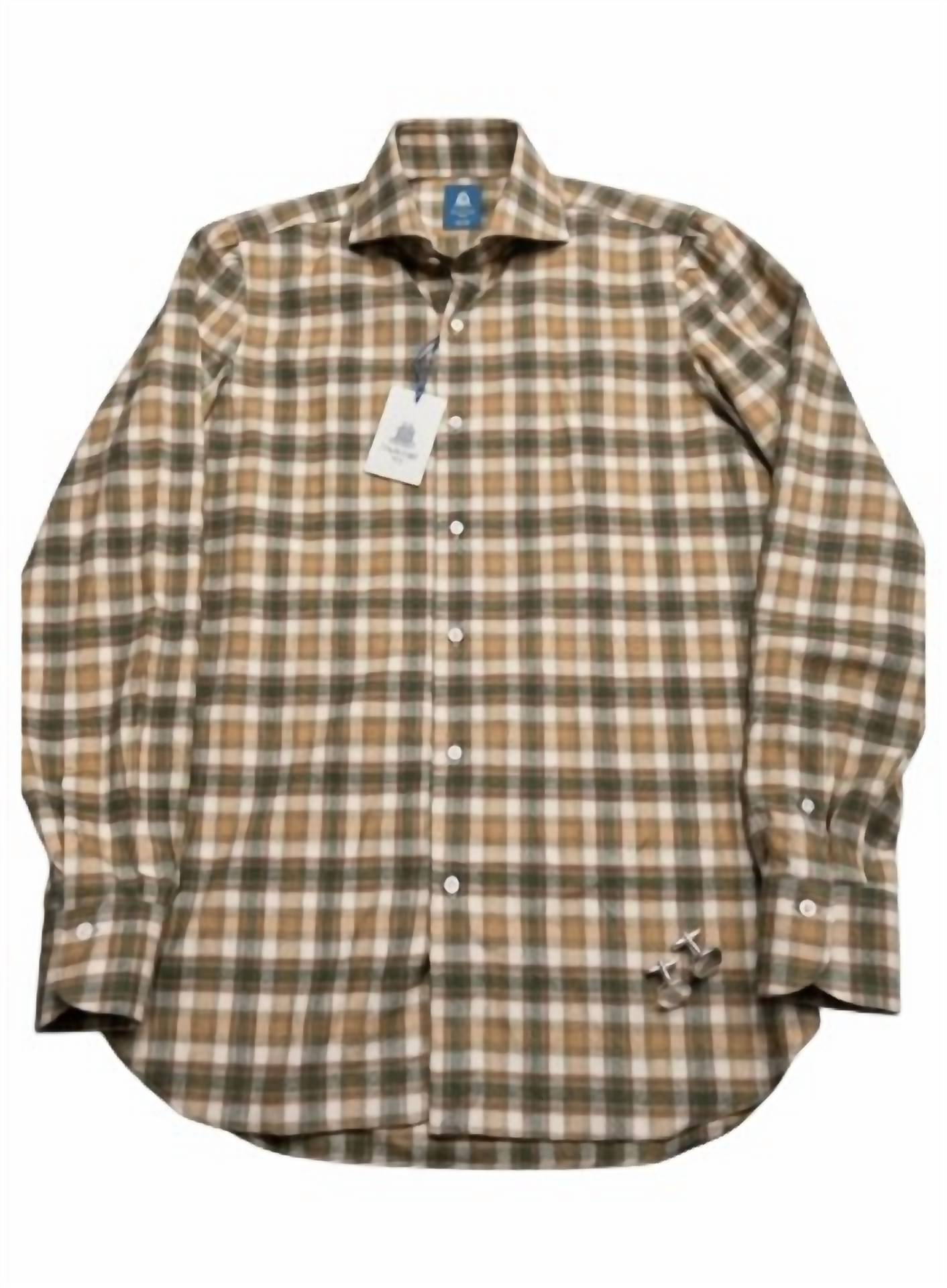 Finamore Men's Napoli Llong Sleeve Button Down Shirt in brown green plaid - men's shirt