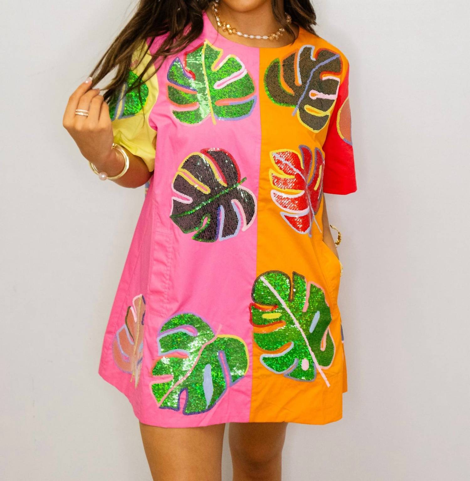 Queen Of Sparkles - Colorblock Cotton Palm Leaf Short Sleeve Dress