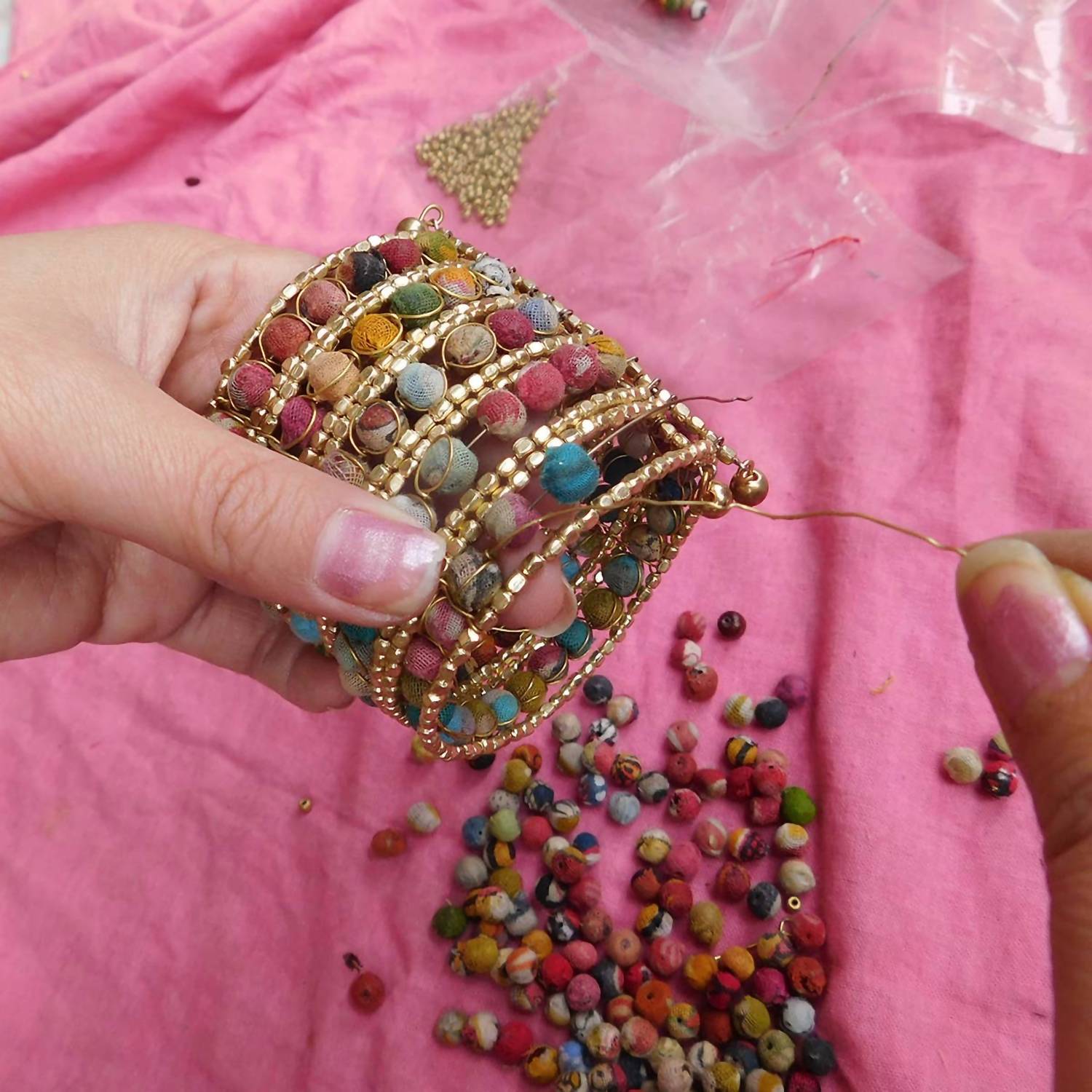 World Finds - Women's Kantha Beaded Grid Cuff