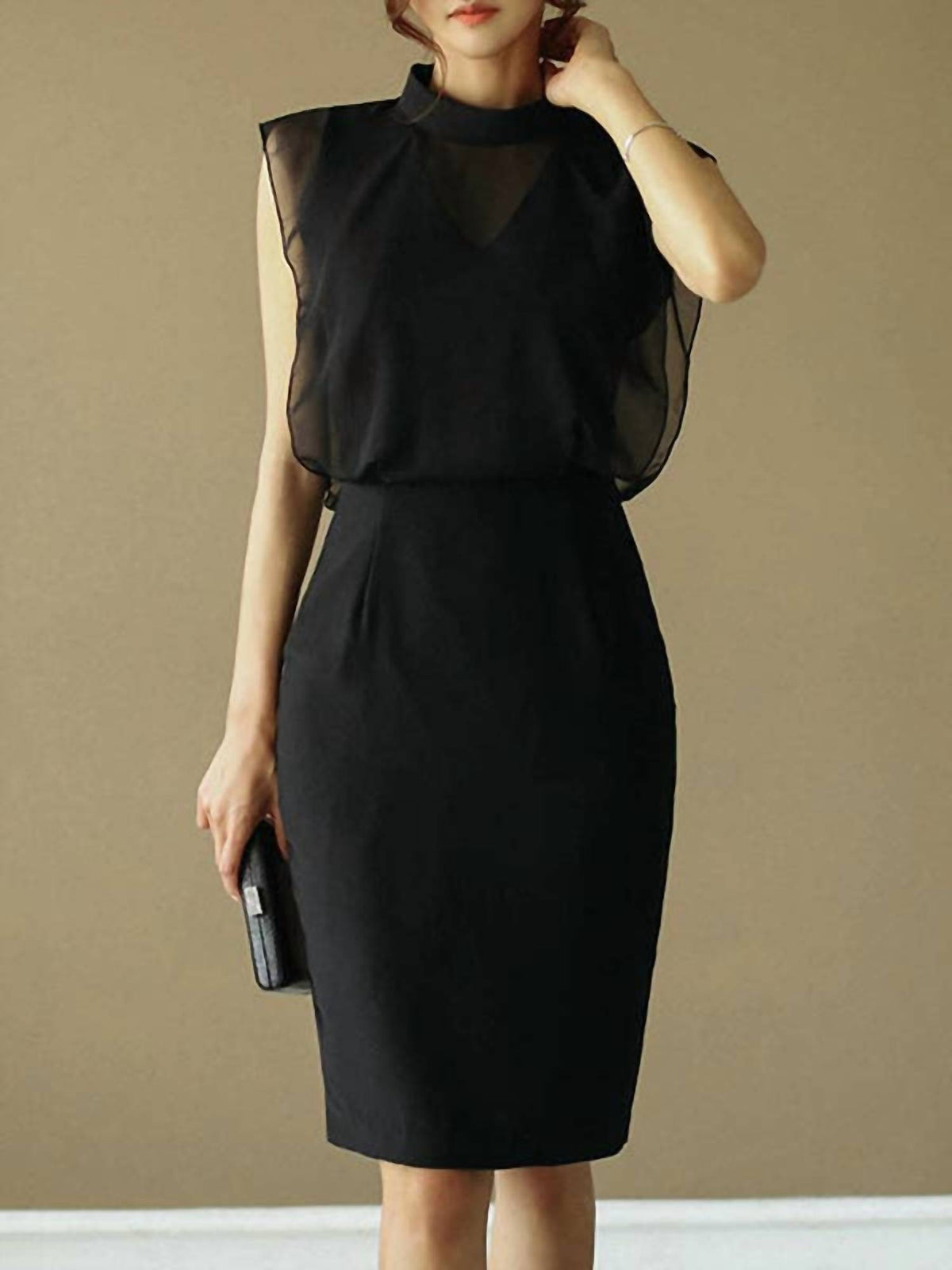 Vividlux - Sleeveless Gauze Hollow See-through Stand Collar Midi Dress