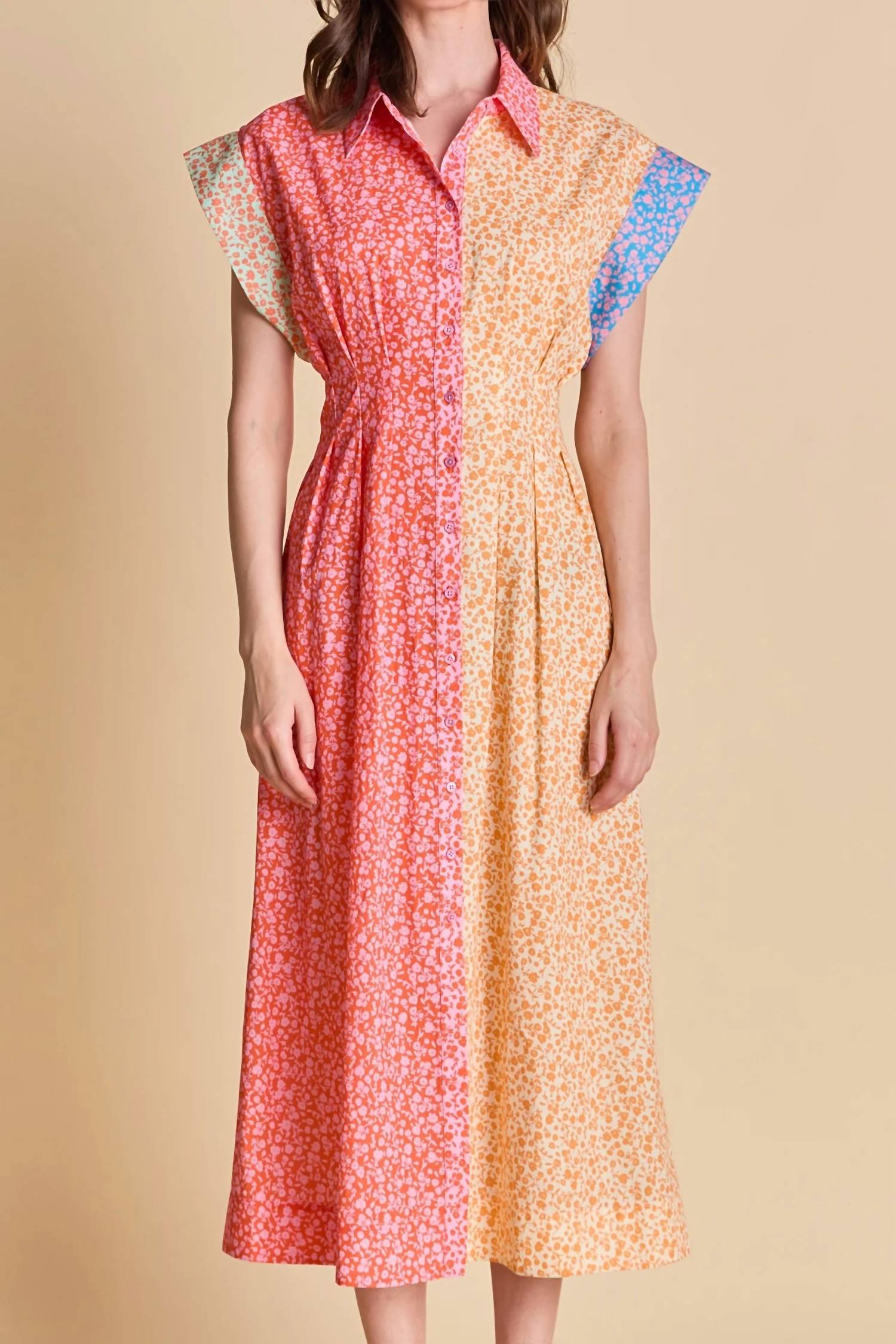 English Factory - Color Block Ditsy Floral Shirt Dress