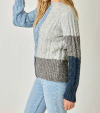 mystree Color Block Cable Knit Sweater in blue navy - women's sweater - alternate view