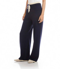 Karen Kane Contrast Drawstring Wide-Leg Sweater Pants in navy with cream - women's pants - detail view