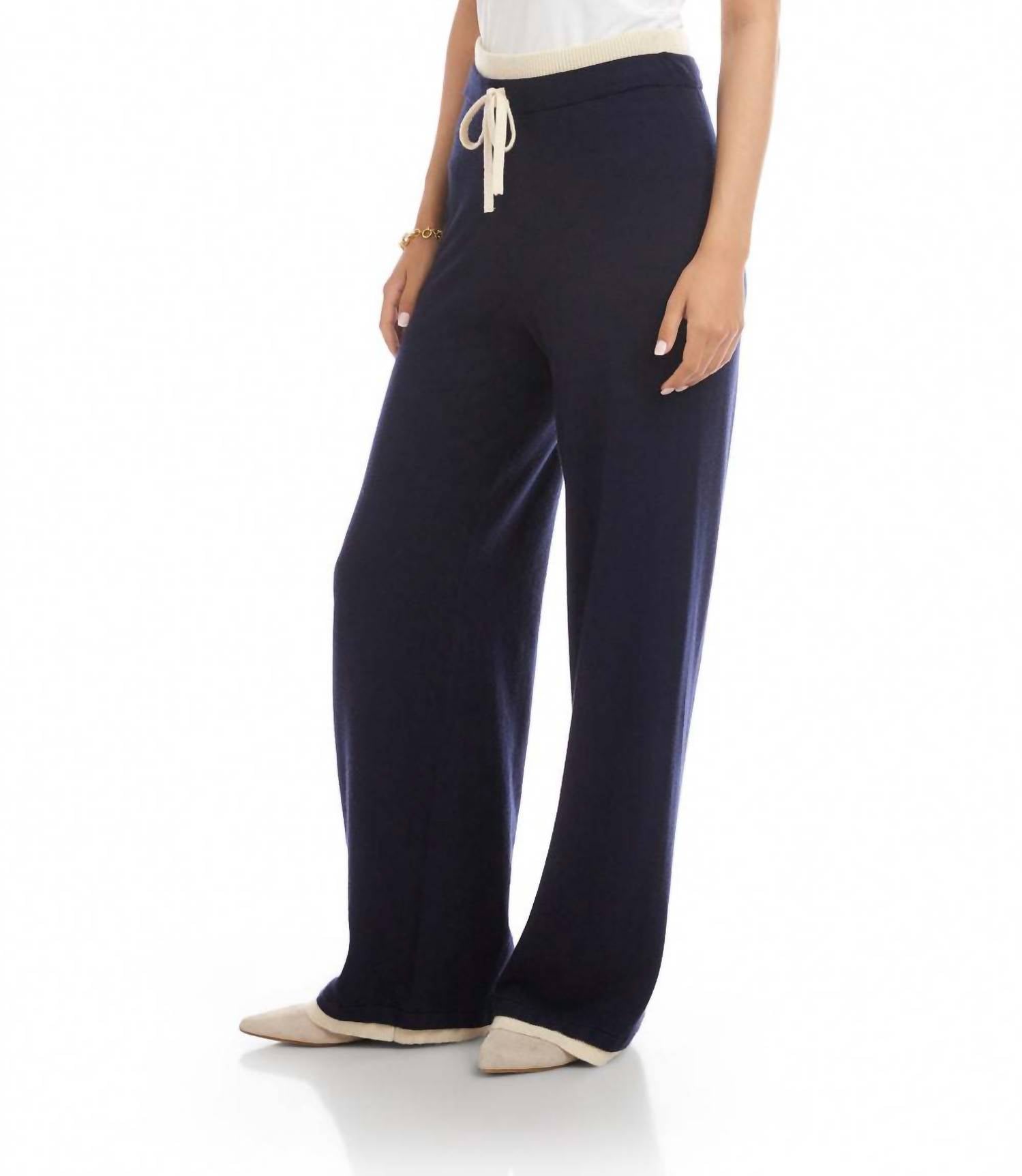 Karen Kane Contrast Drawstring Wide-Leg Sweater Pants in navy with cream - women's pants - detail view