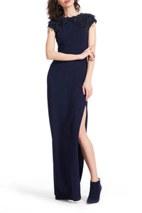 Emily Shalant - Beaded Fringed Sleeves Side Open Slit Long Gown