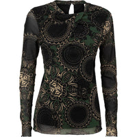 summum Women's Long Sleeve Mesh Paisley Circles Top in deep green black - women's blouse