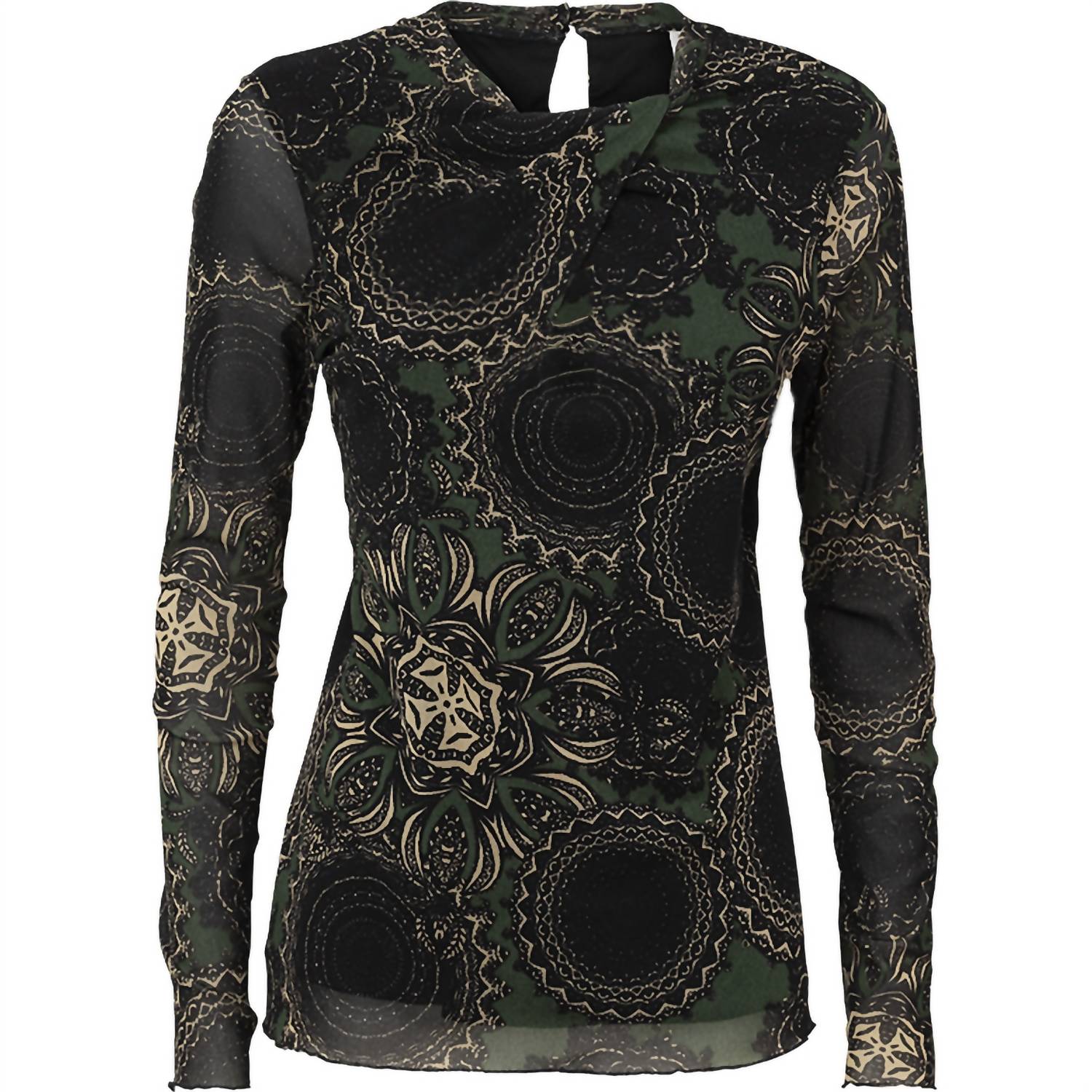 summum Women's Long Sleeve Mesh Paisley Circles Top in deep green black - women's blouse
