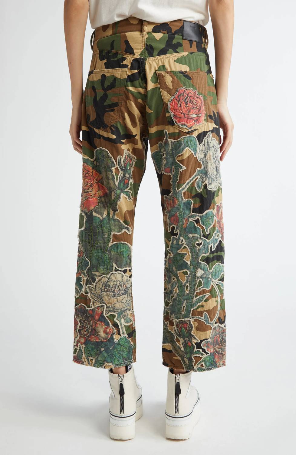 R13 - Camo patchwork utility pants with rose applique