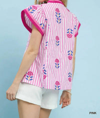 Umgee - Embroidered Striped Flutter Sleeve Top