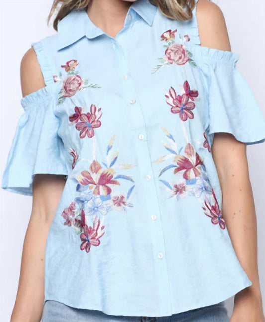 Entro - Button Down Cold Shoulder Embroidered