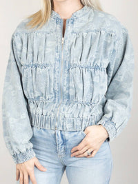 Mystree - Paisley Ruched Denim Bomber Jacket