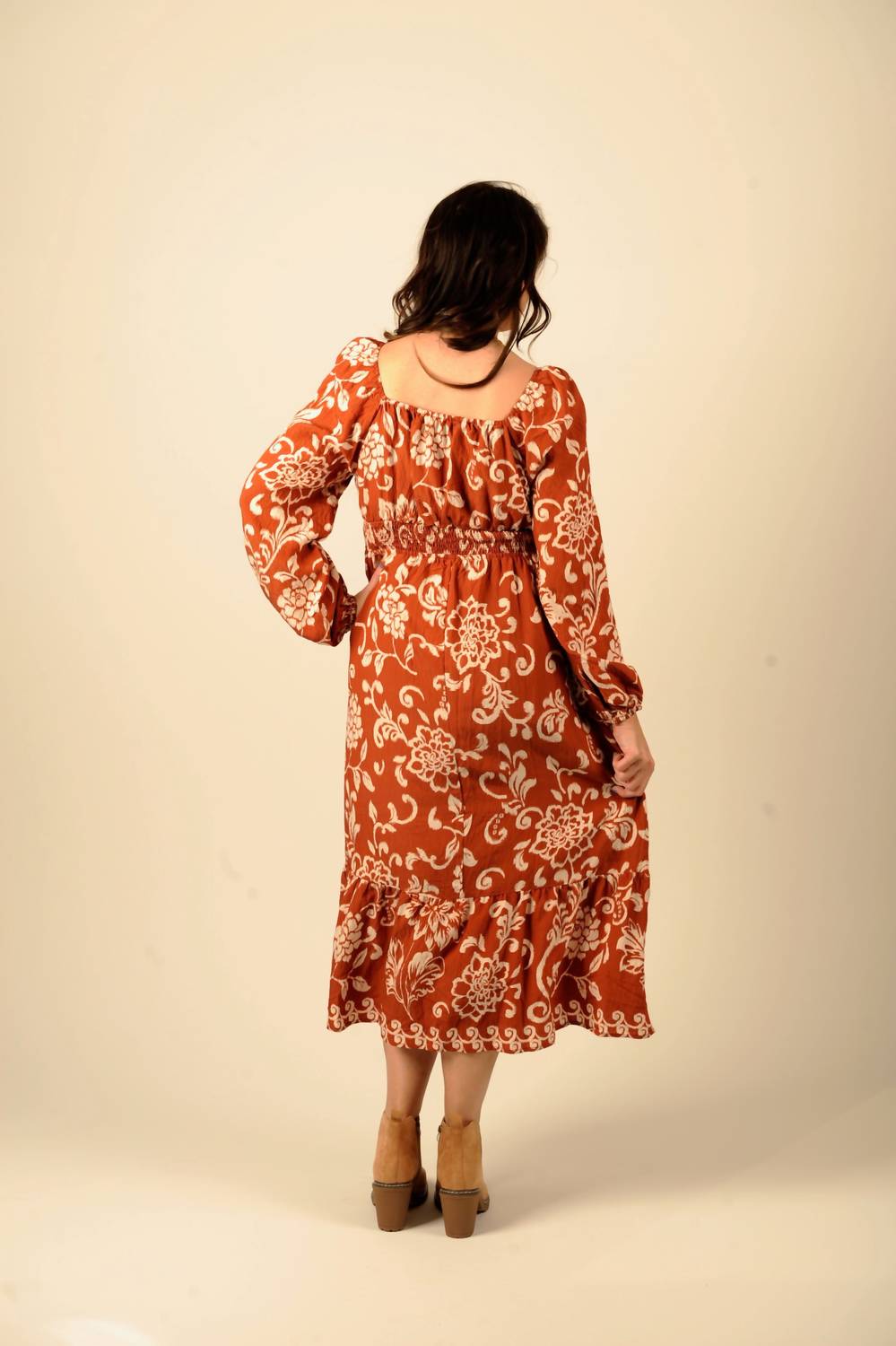 Doe and Rae Dreams Long Sleeve Midi Dress in terracotta - women's dress - alternate view