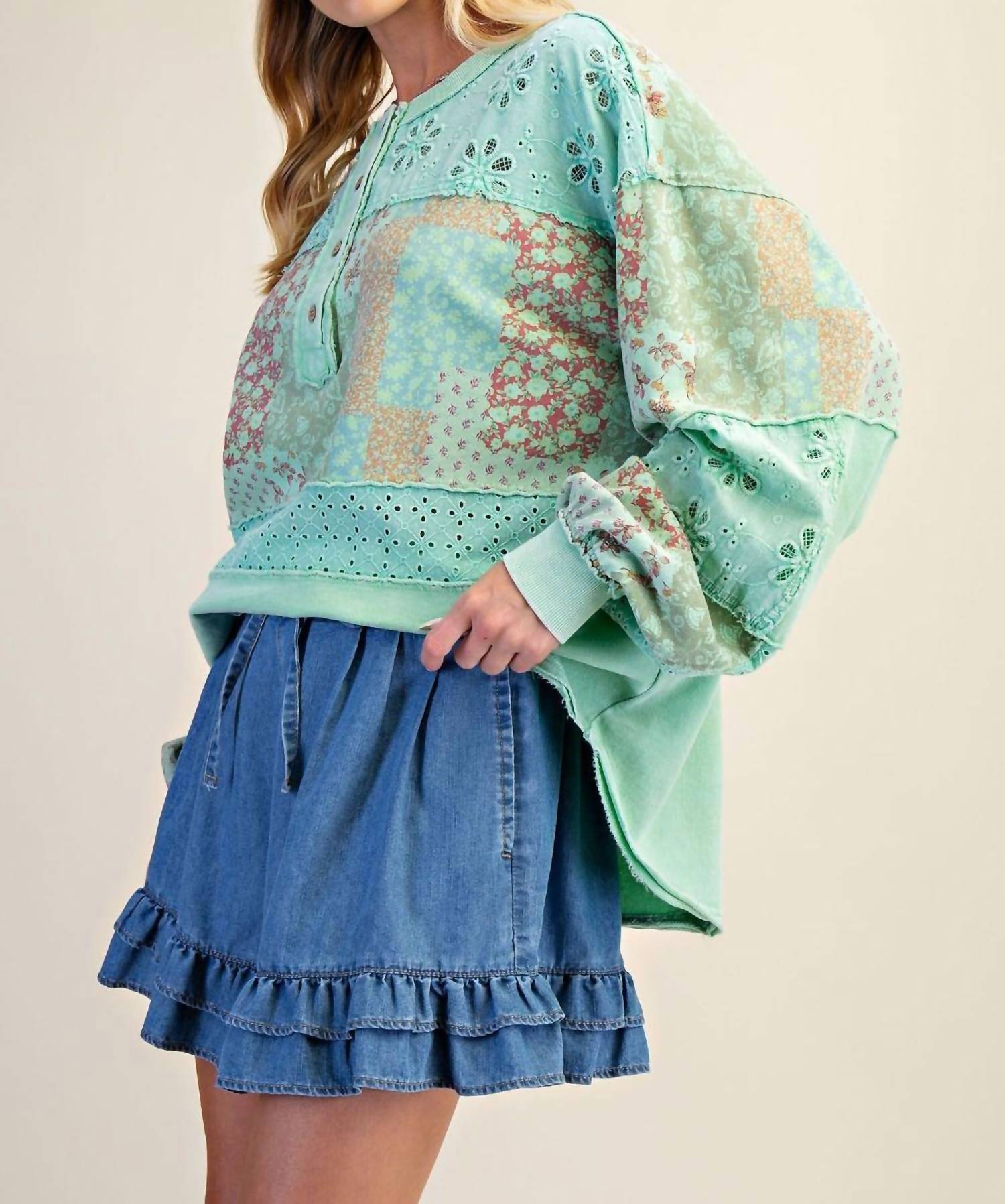 Easel Mixed Print Button Front Washed Top in atlantis green - women's long sleeve top - detail view