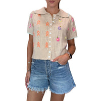 &merci Hand Embroidered Short Sleeve Button Down Sweater in beige - women's blouse - alternate view