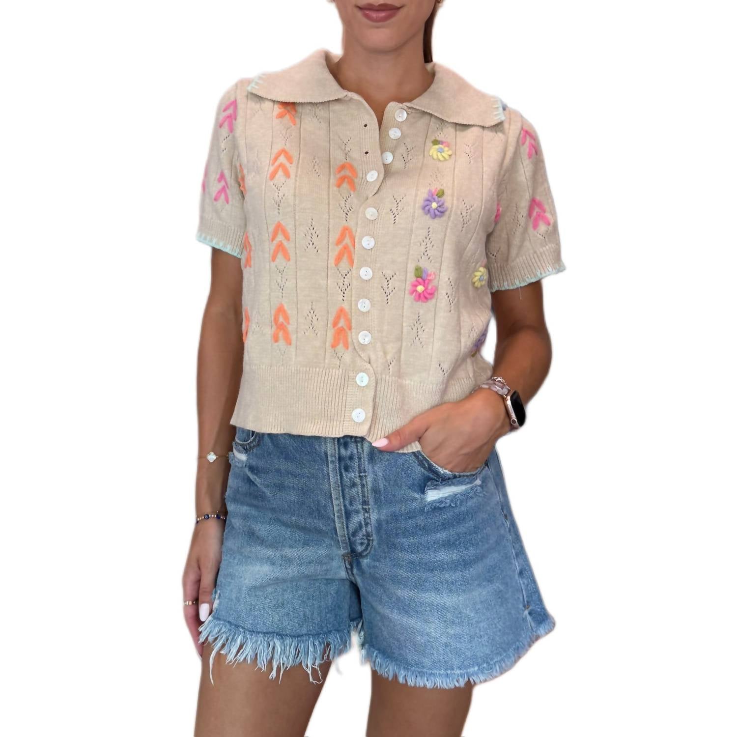 &merci Hand Embroidered Short Sleeve Button Down Sweater in beige - women's blouse - alternate view