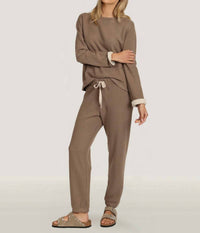 Dylan Dream Raw Edge Cuff Sweatshirt in soft brown - women's top - detail view