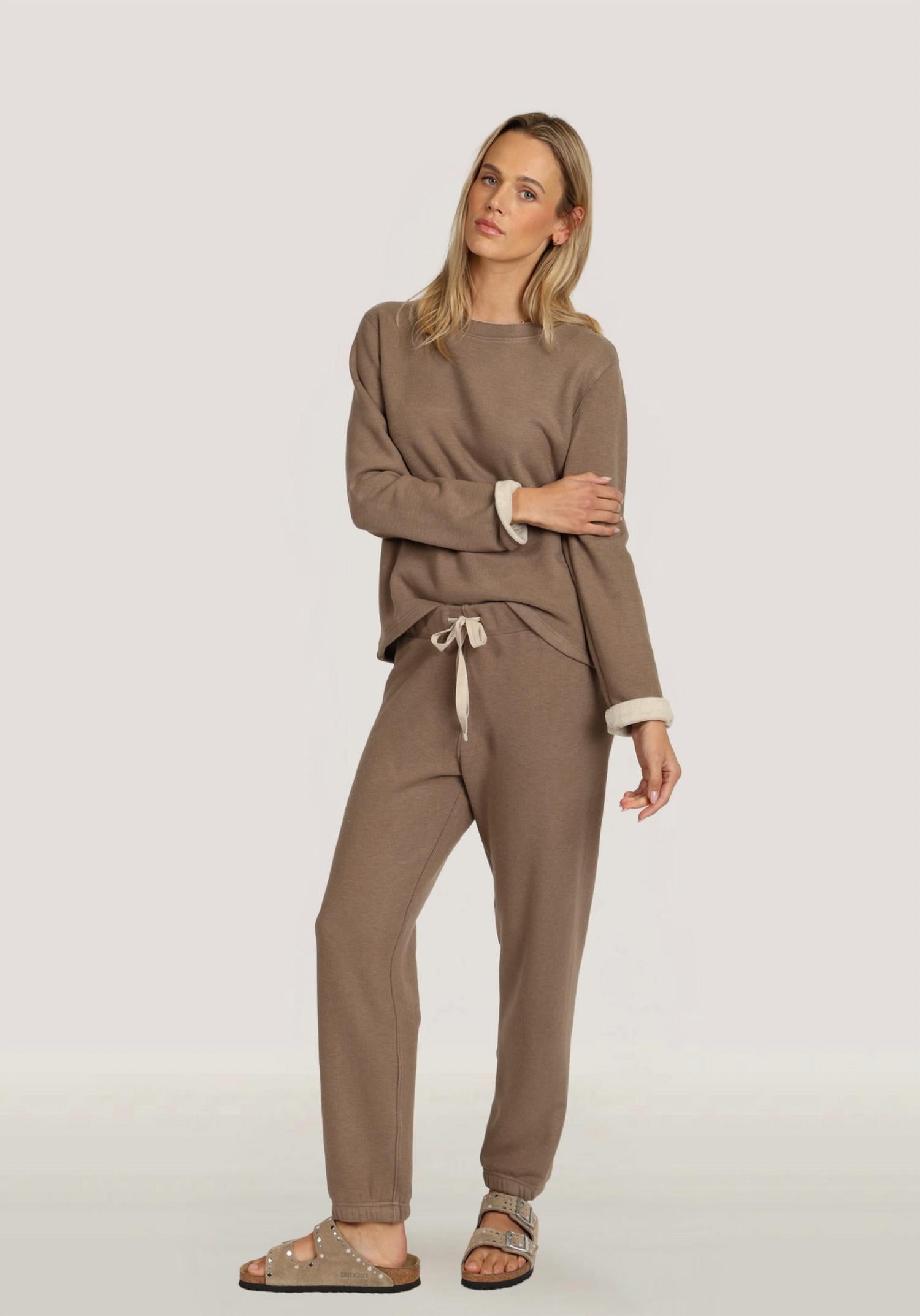 Dylan Dream Raw Edge Cuff Sweatshirt in soft brown - women's top - alternate view