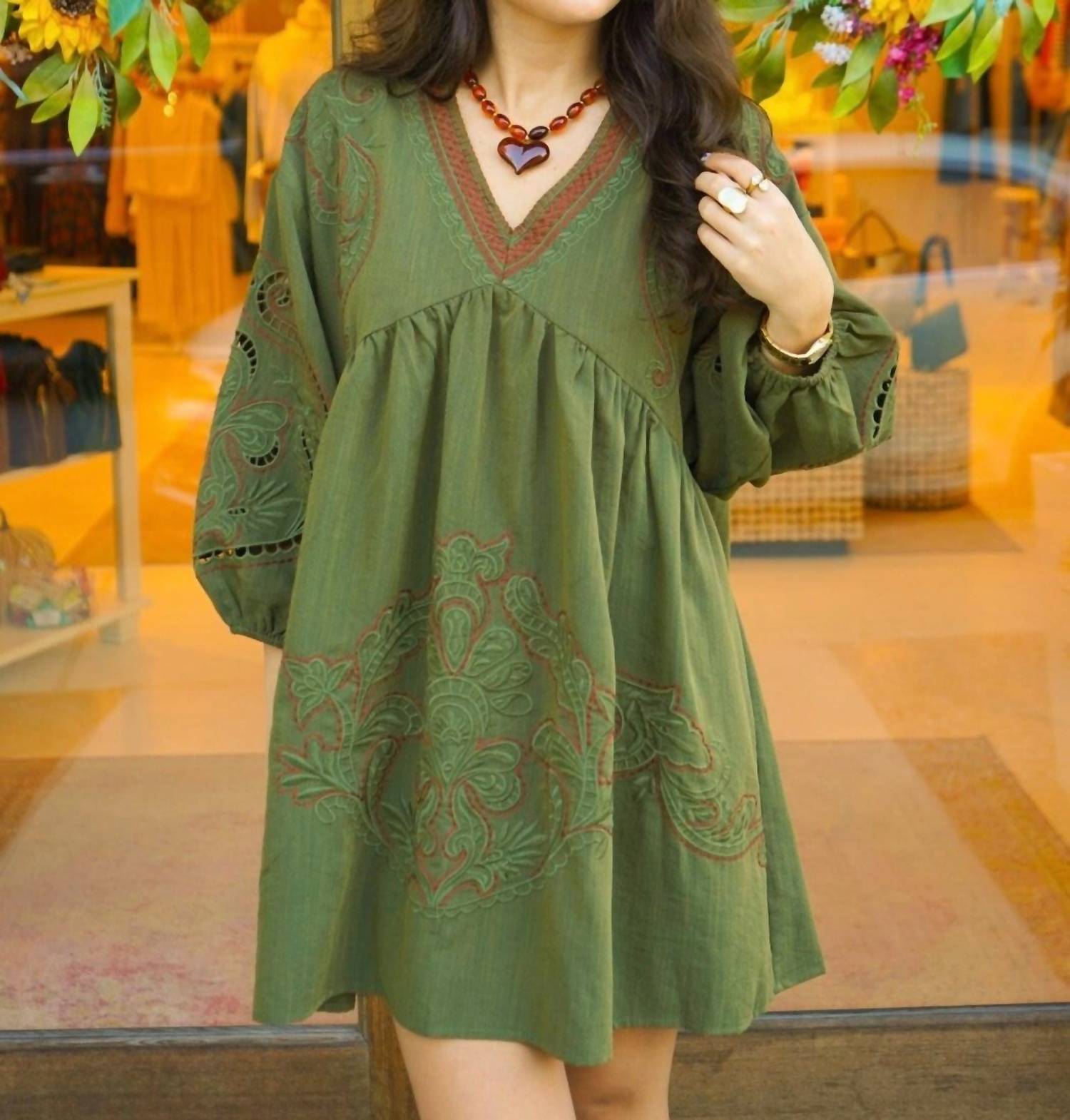 entro Kelce Embroidered Mini Dress in olive - women's dress