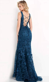 Jovani - Illusion Plunging V-neckline Floral Embroidered Gown