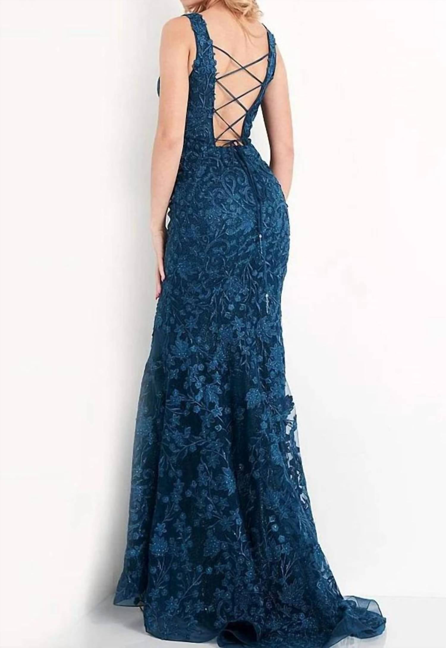 Jovani - Illusion Plunging V-neckline Floral Embroidered Gown