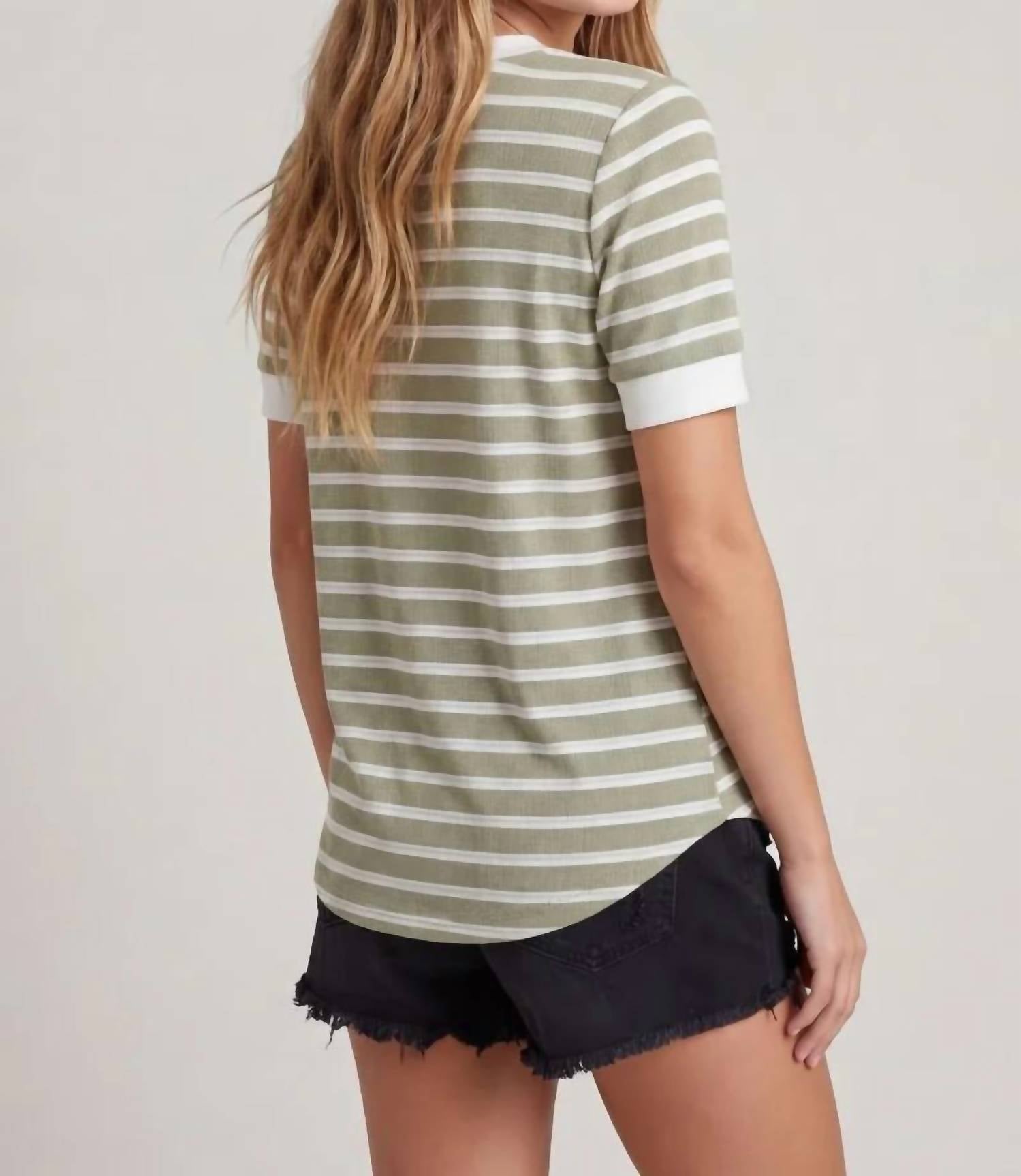 Doe And Rae - Split V-neck Striped Short Sleeve Top