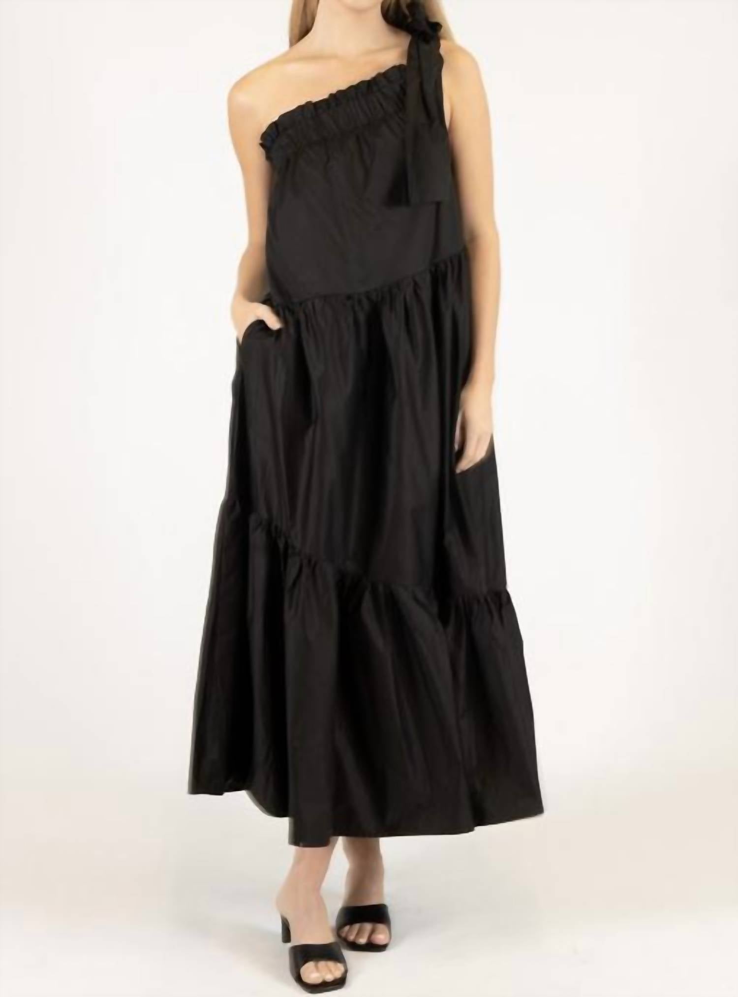 Before You Collection Gale Poplin One Shoulder Maxi Dress in black - women's dress - detail view