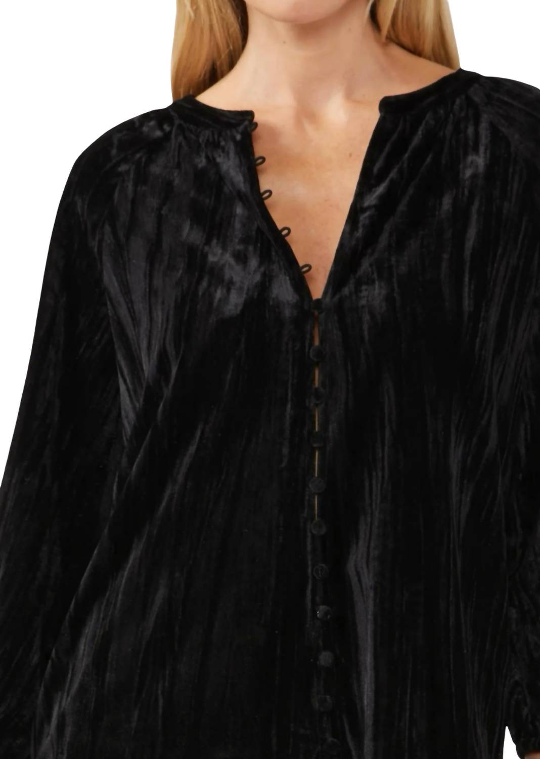 Lovestitch - Velvet Button Front V Neck Blouse