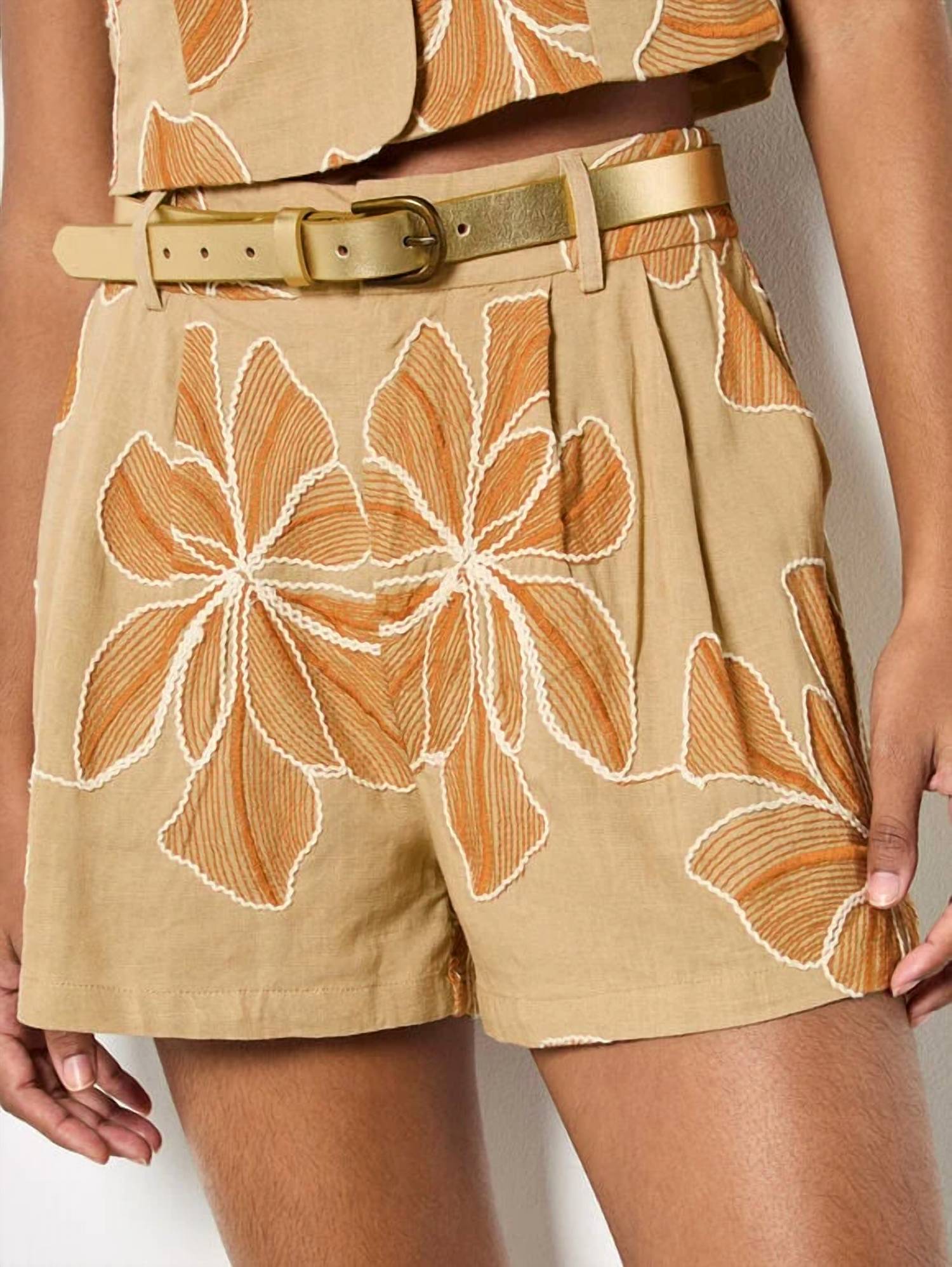 Apricot - Embroidered Floral Shorts