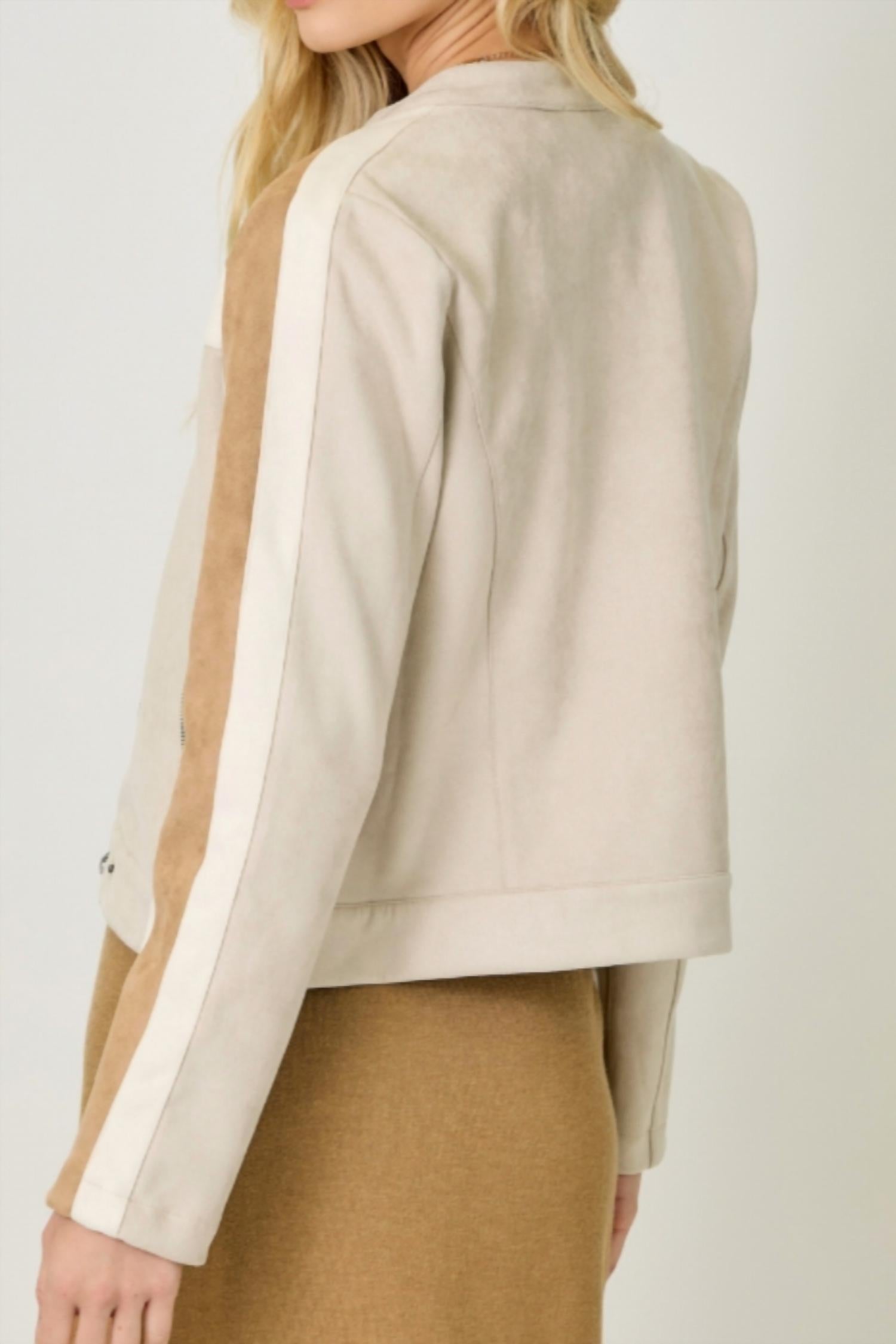 mystree Women's Color Blocked Moto Jacket in ivory combo - women's jacket - detail view