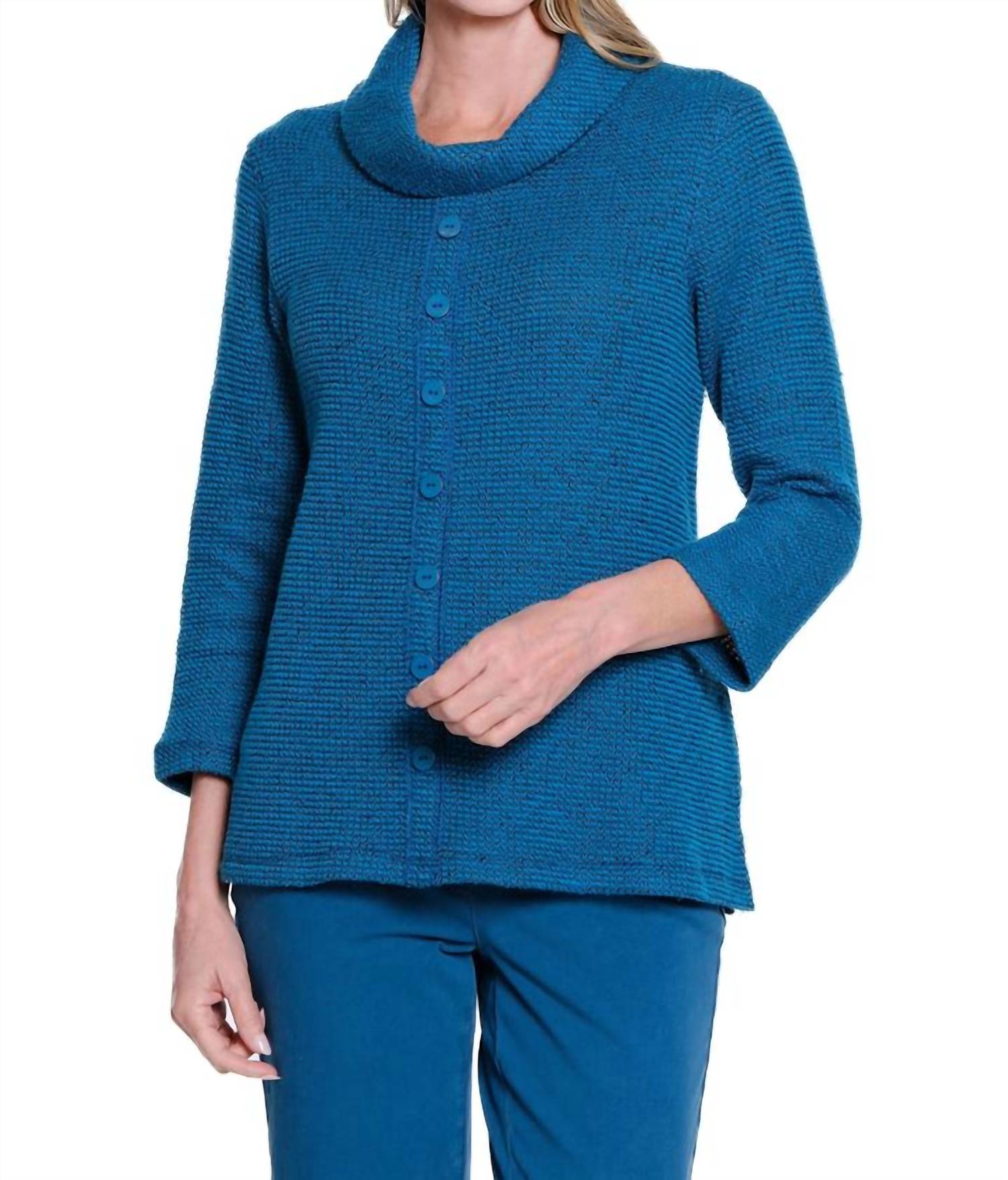 Multiples - 3/4 Sleeve Cowlneck Faux Button Top - Plus