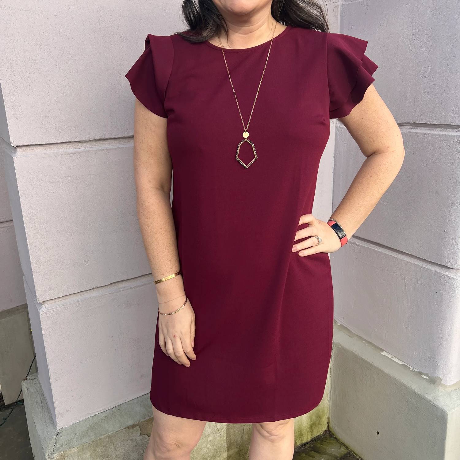 Ces Femme - Ruffle Sleeves Solid Tunic Dress