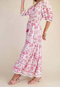 Easel - Women's Floral Botanical Printed Linen Maxi Dress